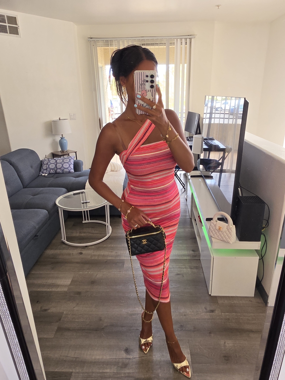 Women's Pink Striped One-Shoulder Bodycon Dress - Picture 7 of 17